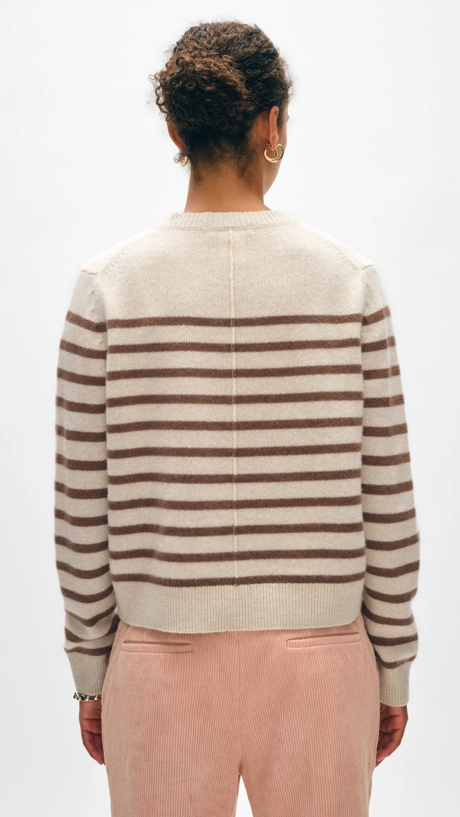 White + Warren Cashmere Striped Crew in Natural Saddle