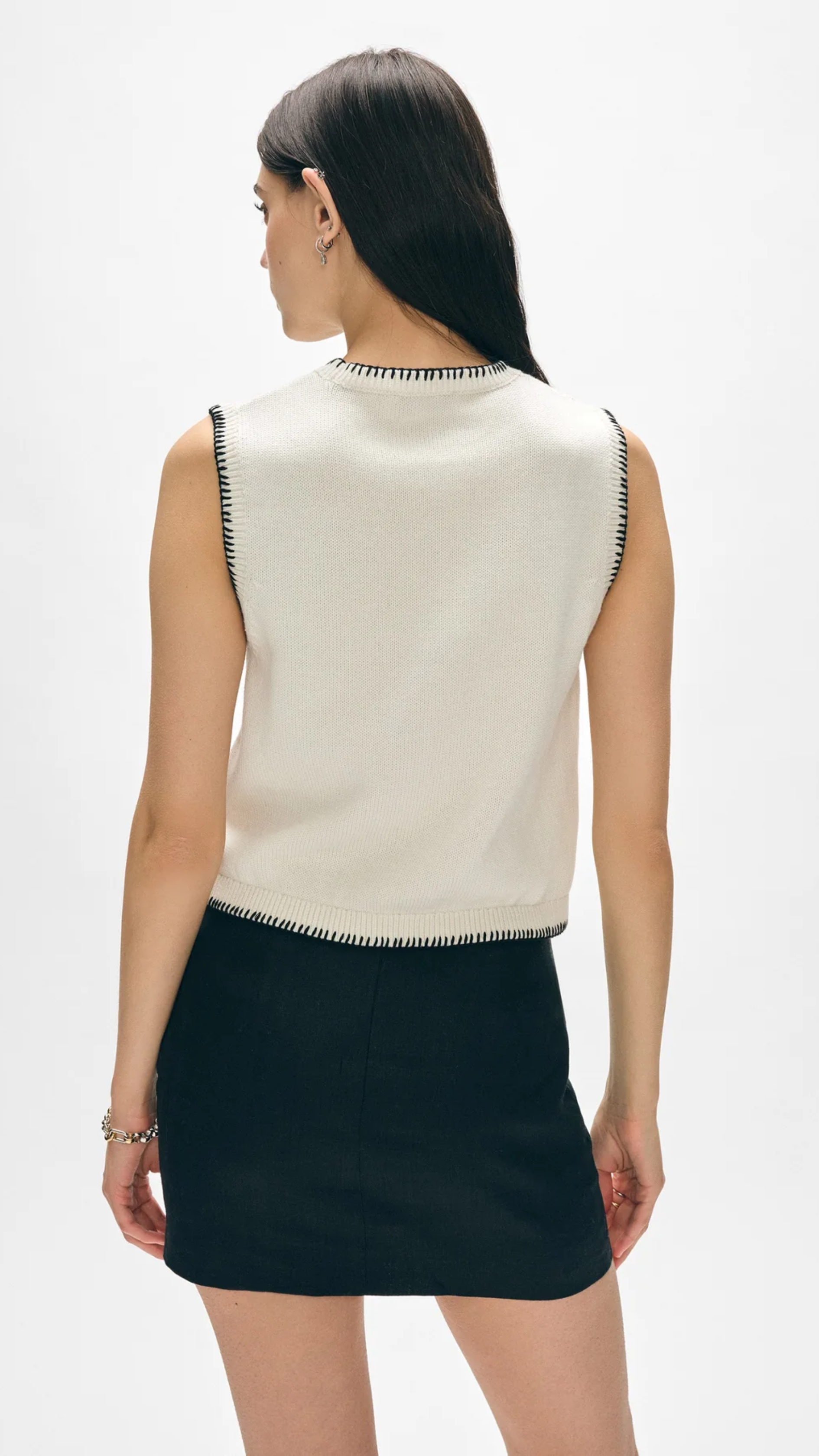 White + Warren Organic Cotton Blanket Trim Tank in Ivory Black