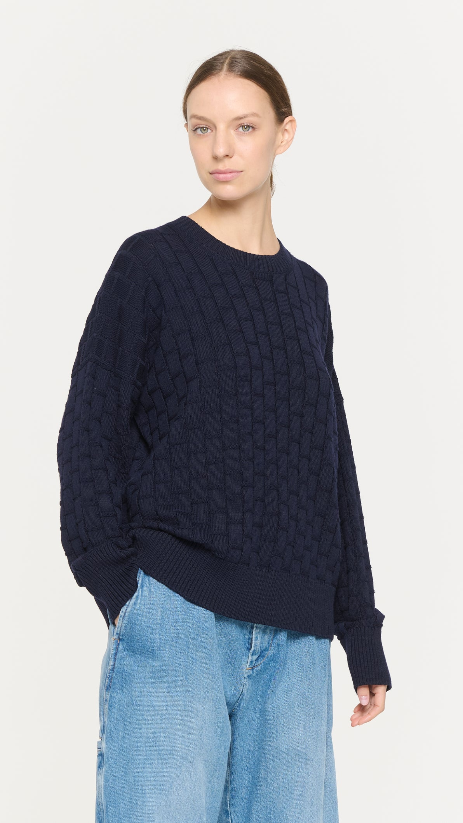 Plan C Checked Pattern Crewneck Knit in Dark Blue