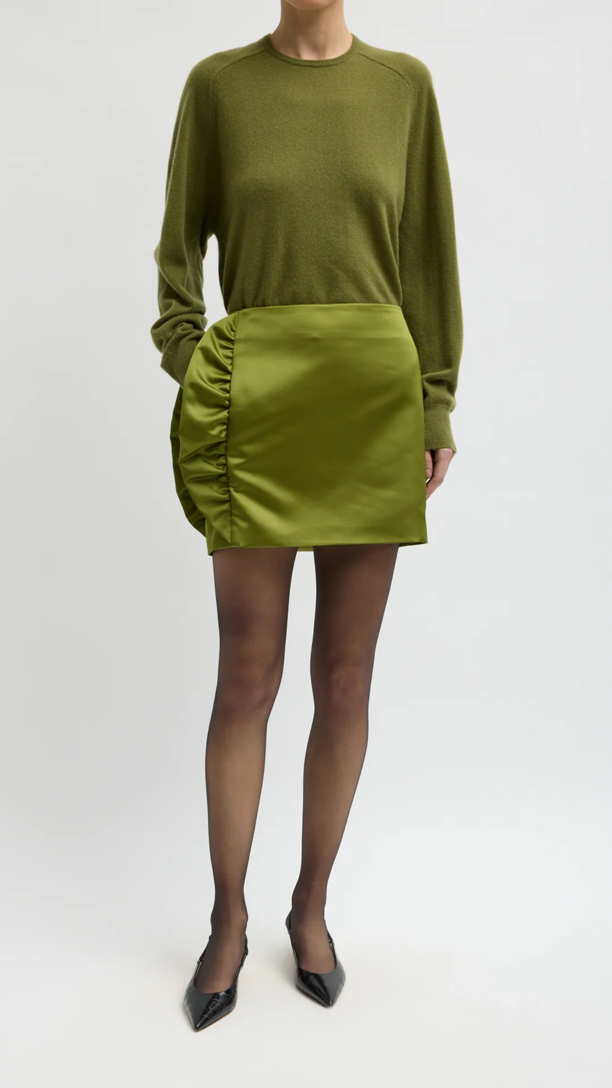 Tibi Tech Satin Side Ruffle Mini Skirt in Ick Green