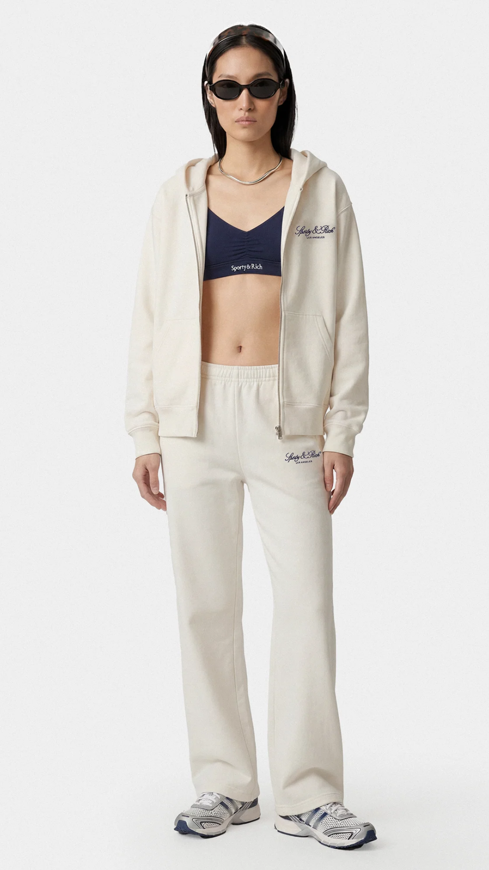 Sporty & Rich Vendome LA Embroidered Zip Hoodie in Ecru/Navy