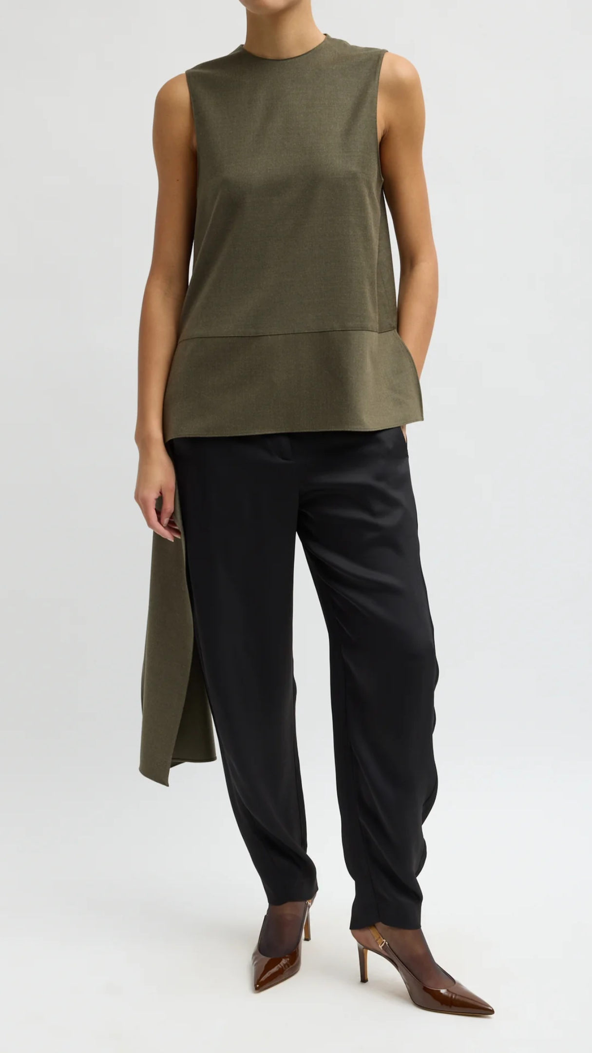 Tibi Cozy Flannel Asymmetrical Sleeveless Top in Army Green