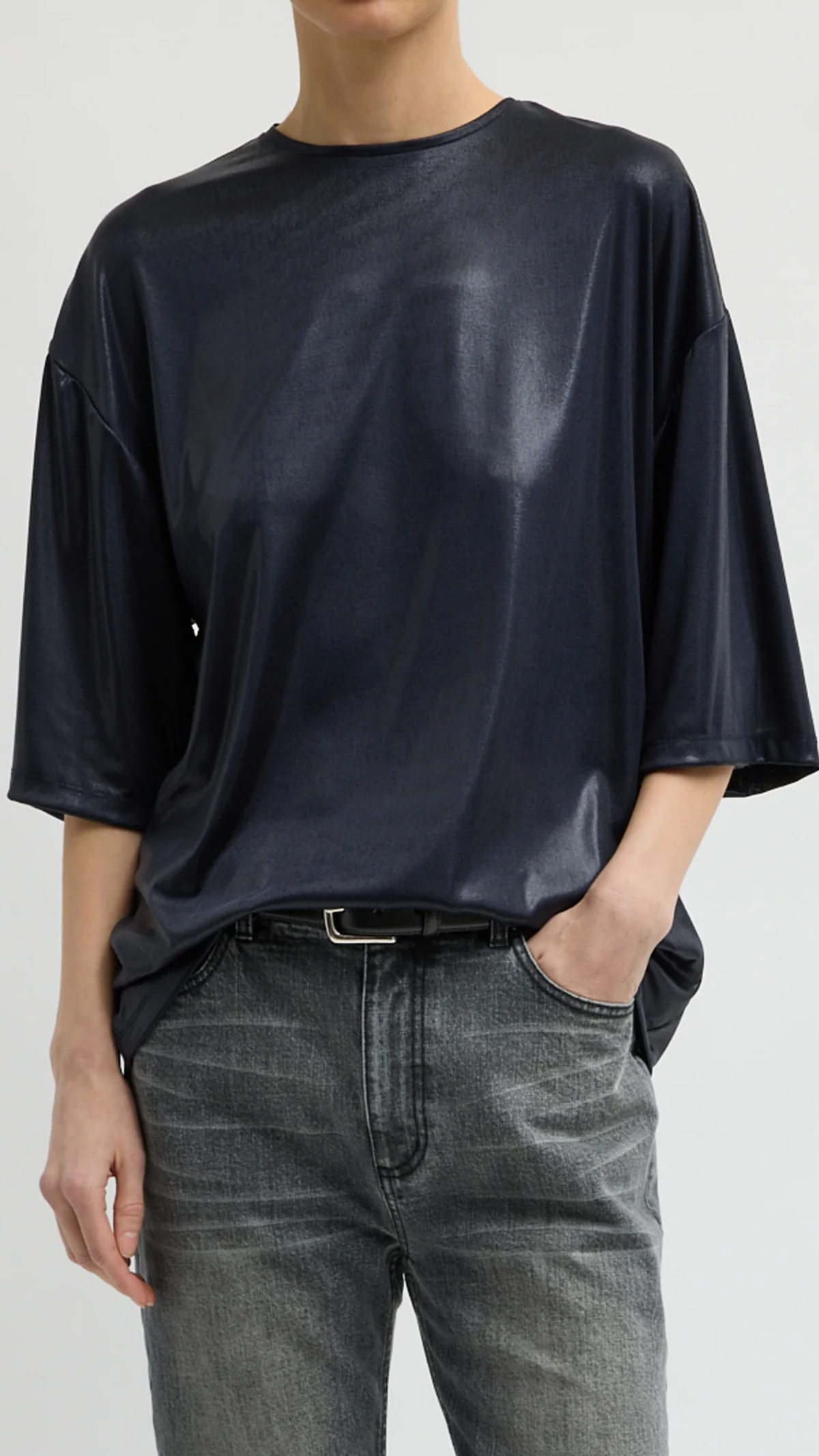 Tibi Metallic Knit Easy T-Shirt in Navy