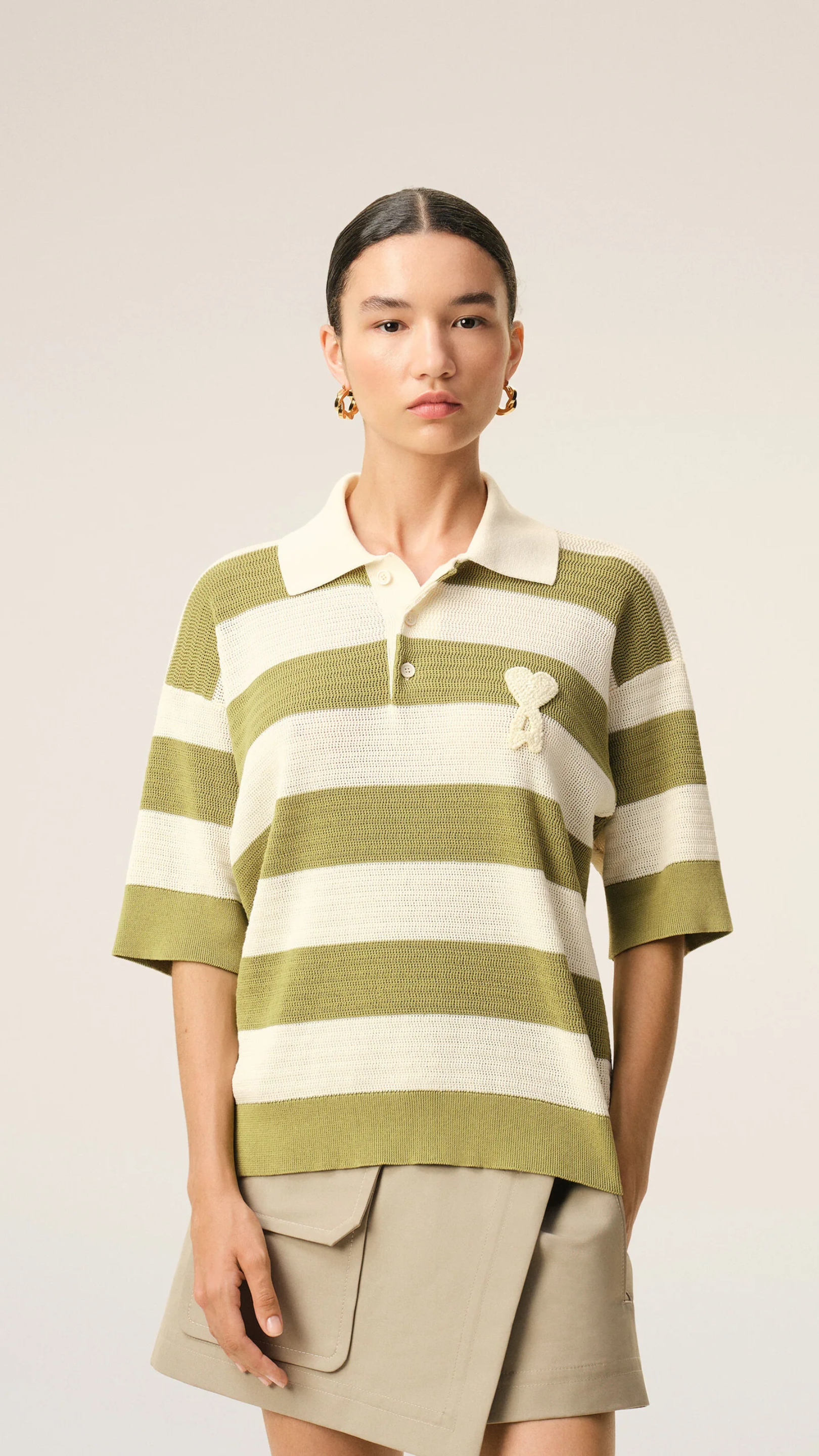 AMI Short Sleeve Ami de Coeur Polo in Cream Matcha