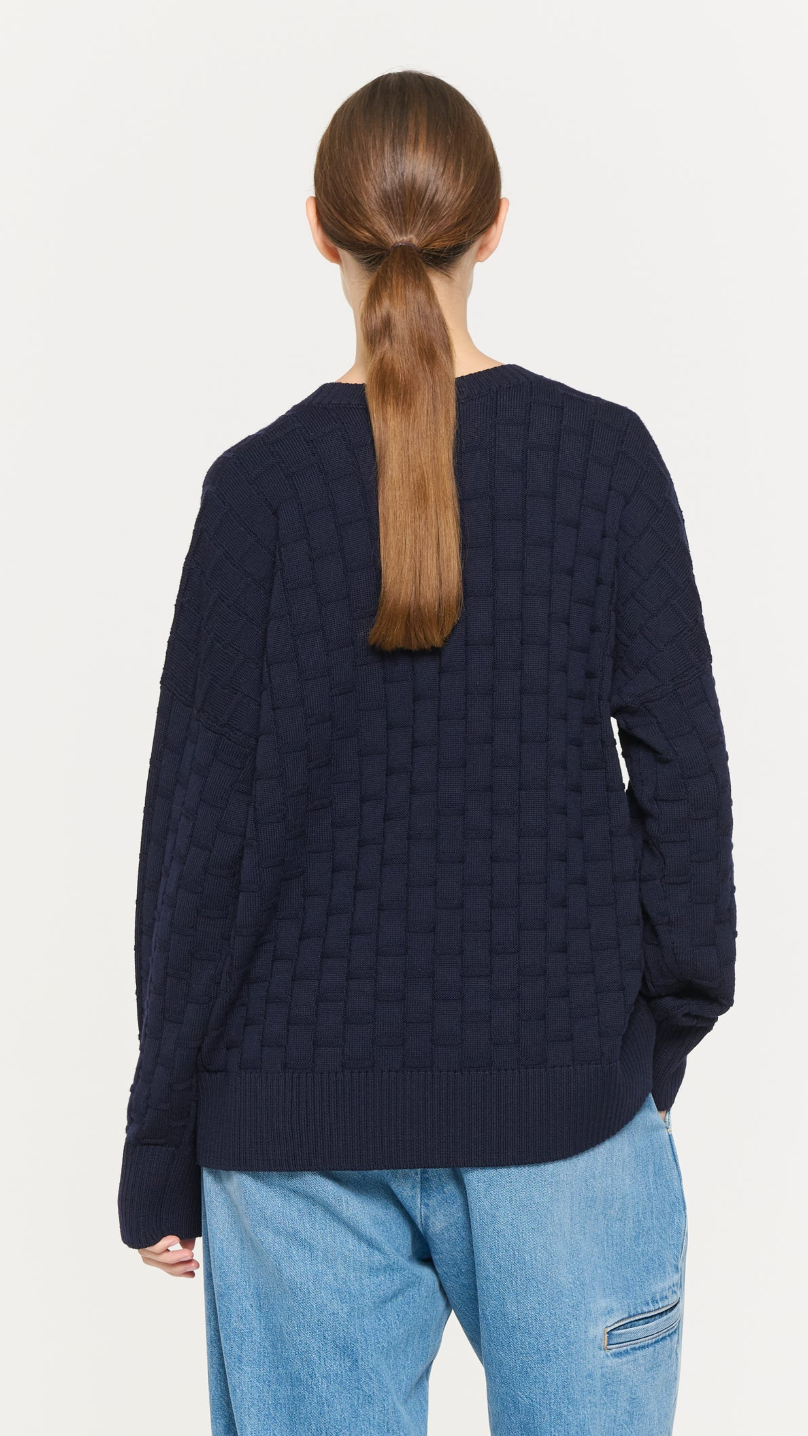 Plan C Checked Pattern Crewneck Knit in Dark Blue