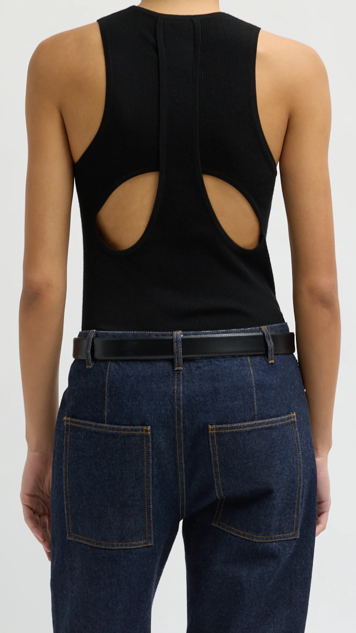 Tibi Feather Weight Ribbed Cut Out Tank Top in Black