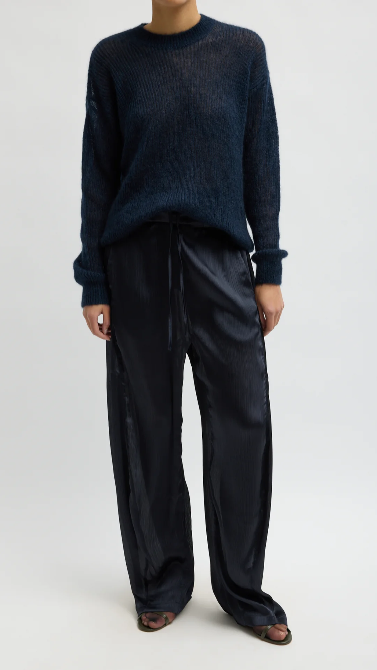 Tibi Matte Satin Plisse Winslow Pant in Navy