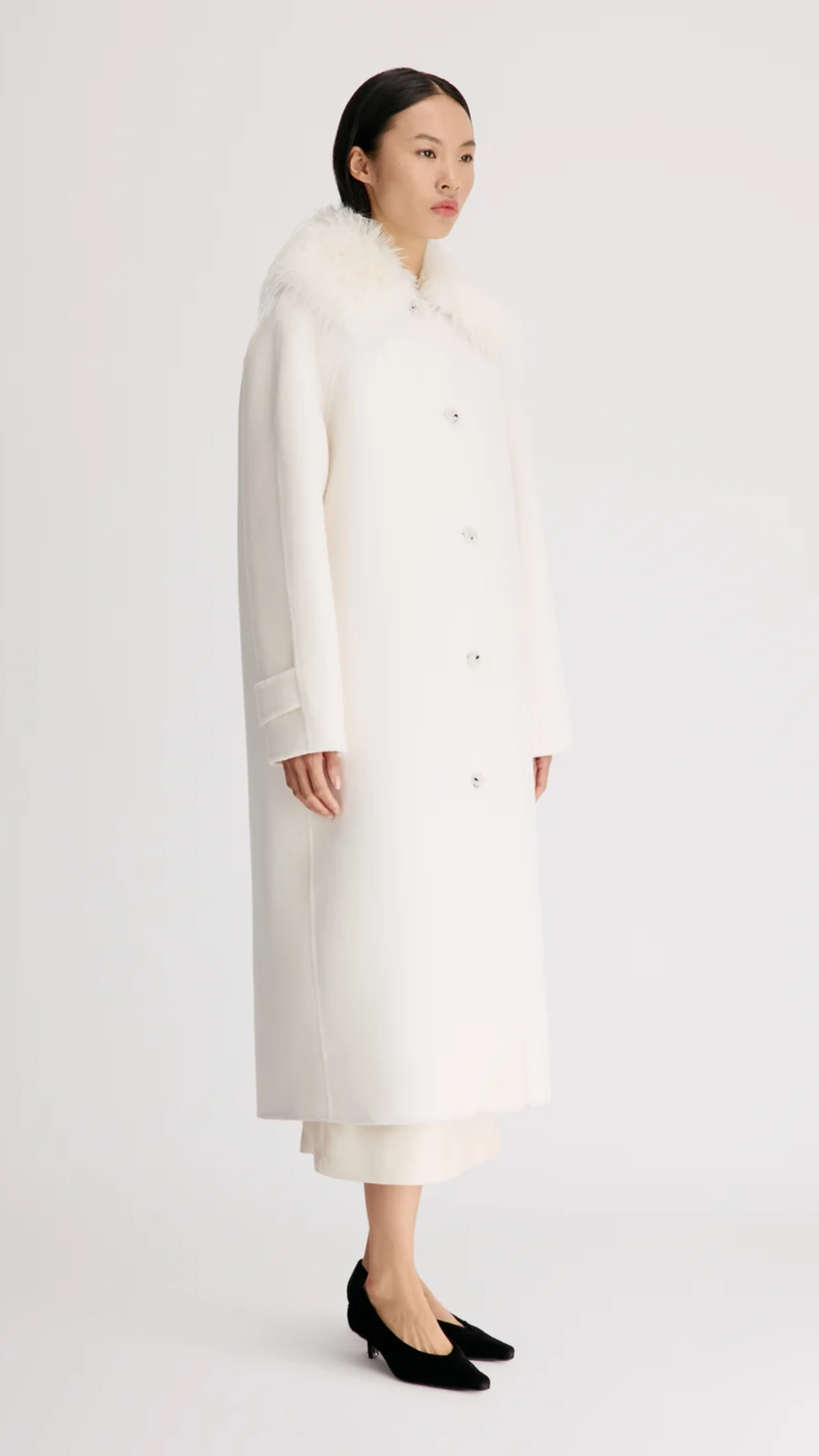 Loulou de Saison Yrsa Detachable Faux Fur Collar Coat in Ivory
