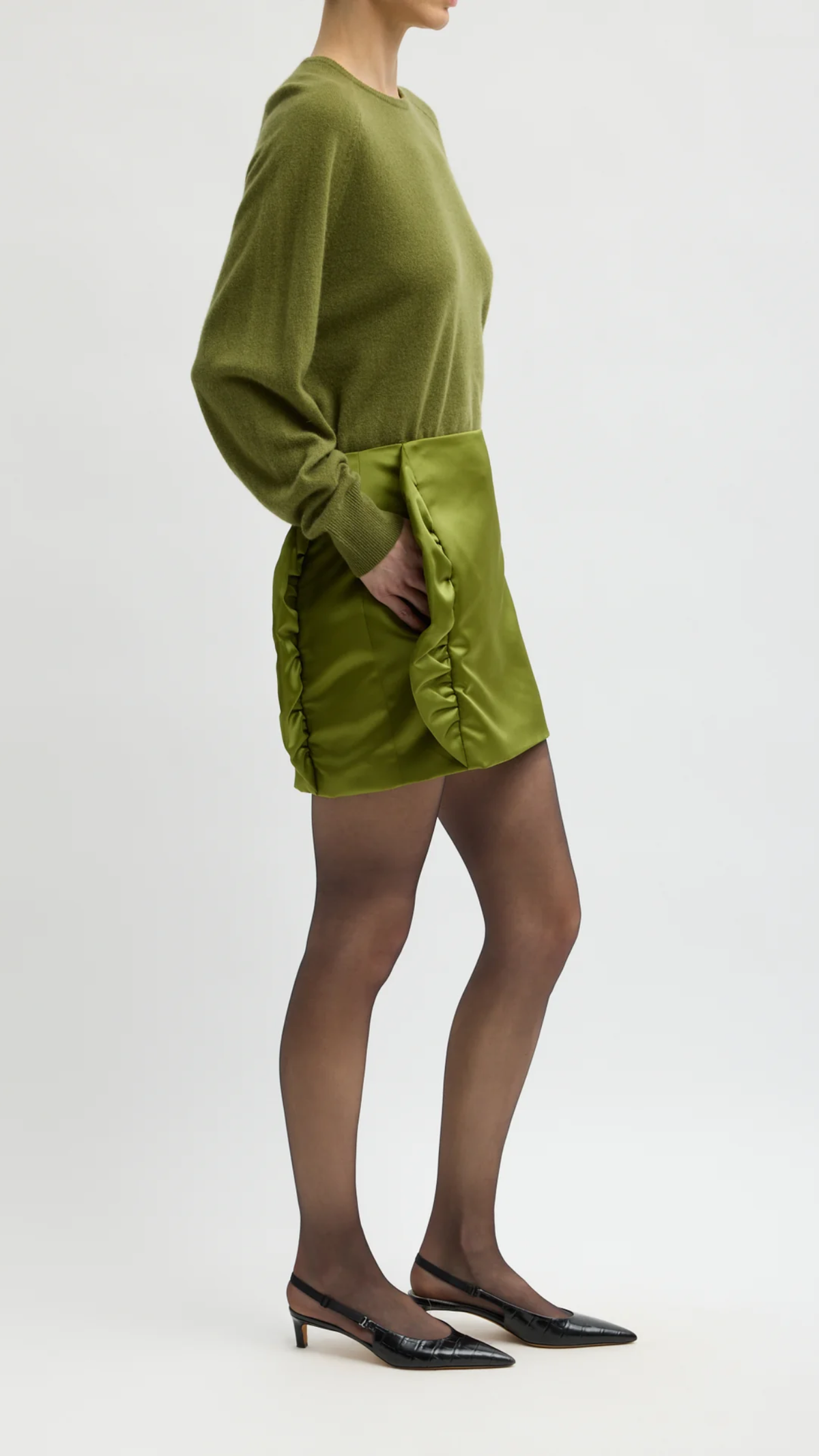 Tibi Tech Satin Side Ruffle Mini Skirt in Ick Green