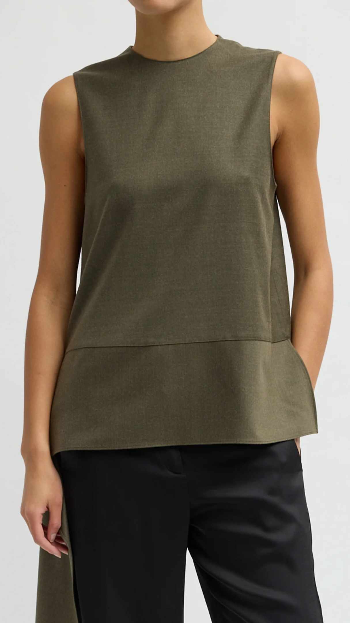Tibi Cozy Flannel Asymmetrical Sleeveless Top in Army Green