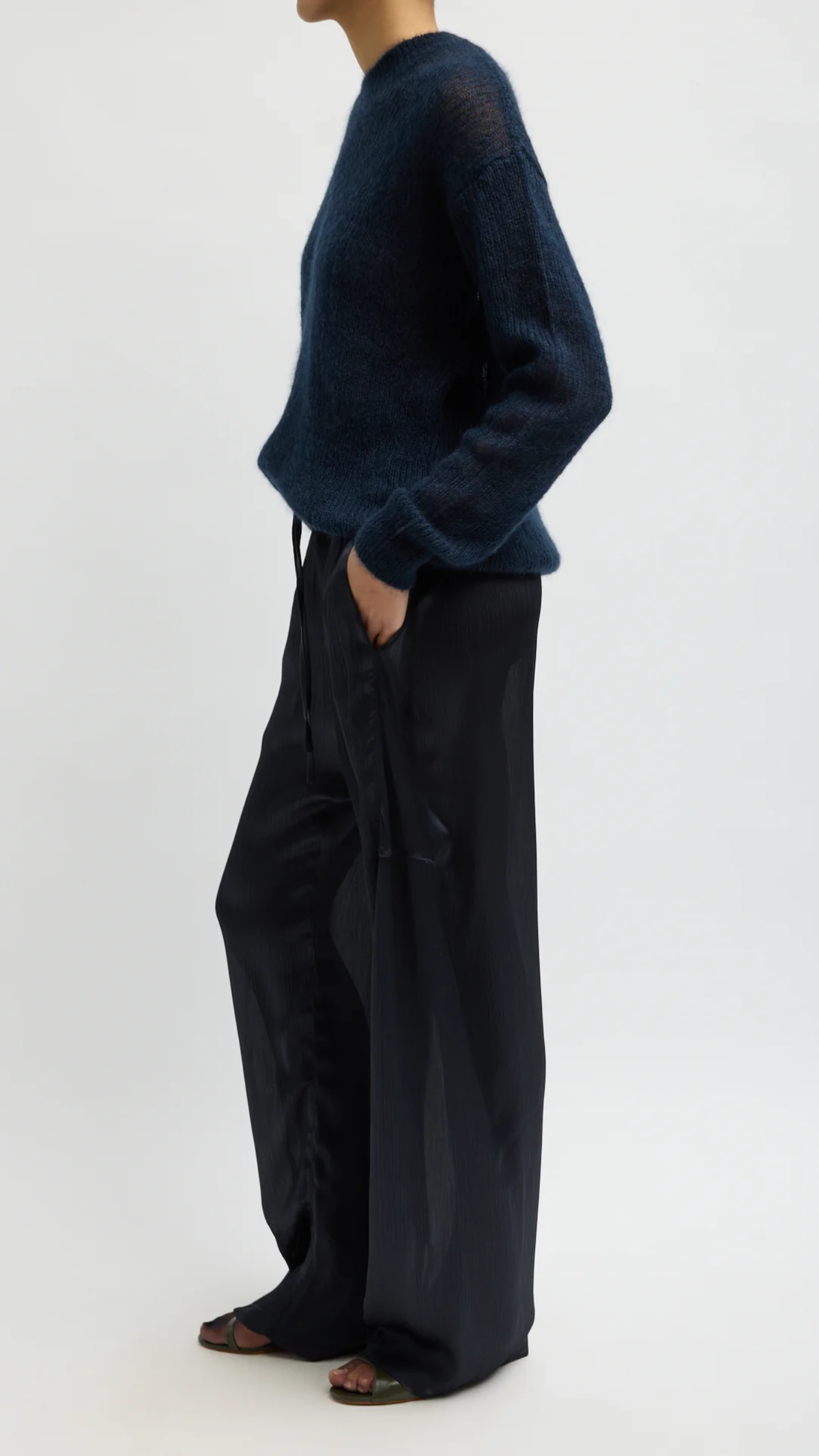 Tibi Matte Satin Plisse Winslow Pant in Navy