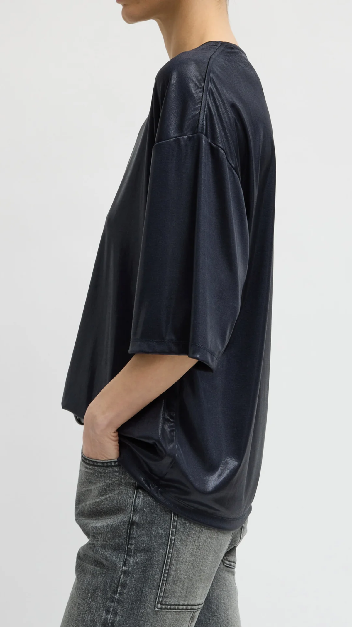 Tibi Metallic Knit Easy T-Shirt in Navy