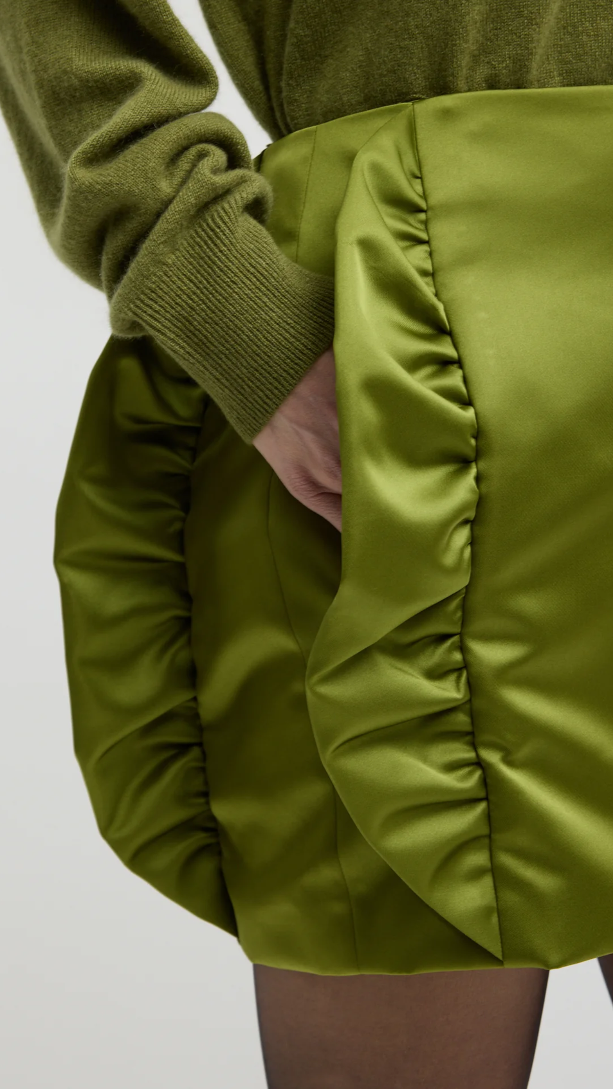 Tibi Tech Satin Side Ruffle Mini Skirt in Ick Green