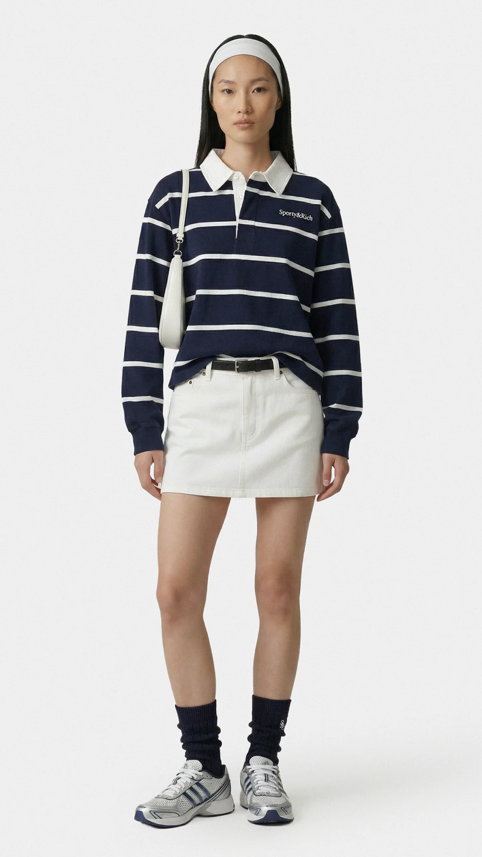 Sporty & Rich Serif Logo Rugby Polo in Navy/White