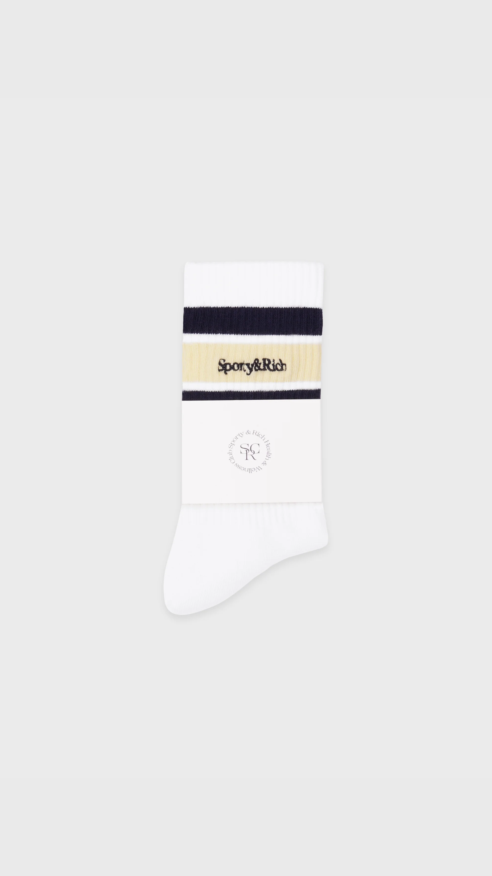 Sporty & Rich Serif Logo Socks in White/Navy/Almond