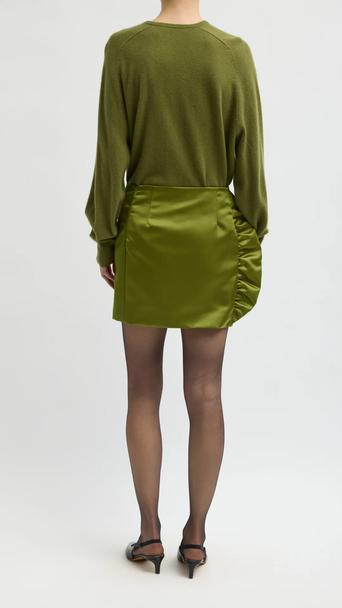 Tibi Tech Satin Side Ruffle Mini Skirt in Ick Green