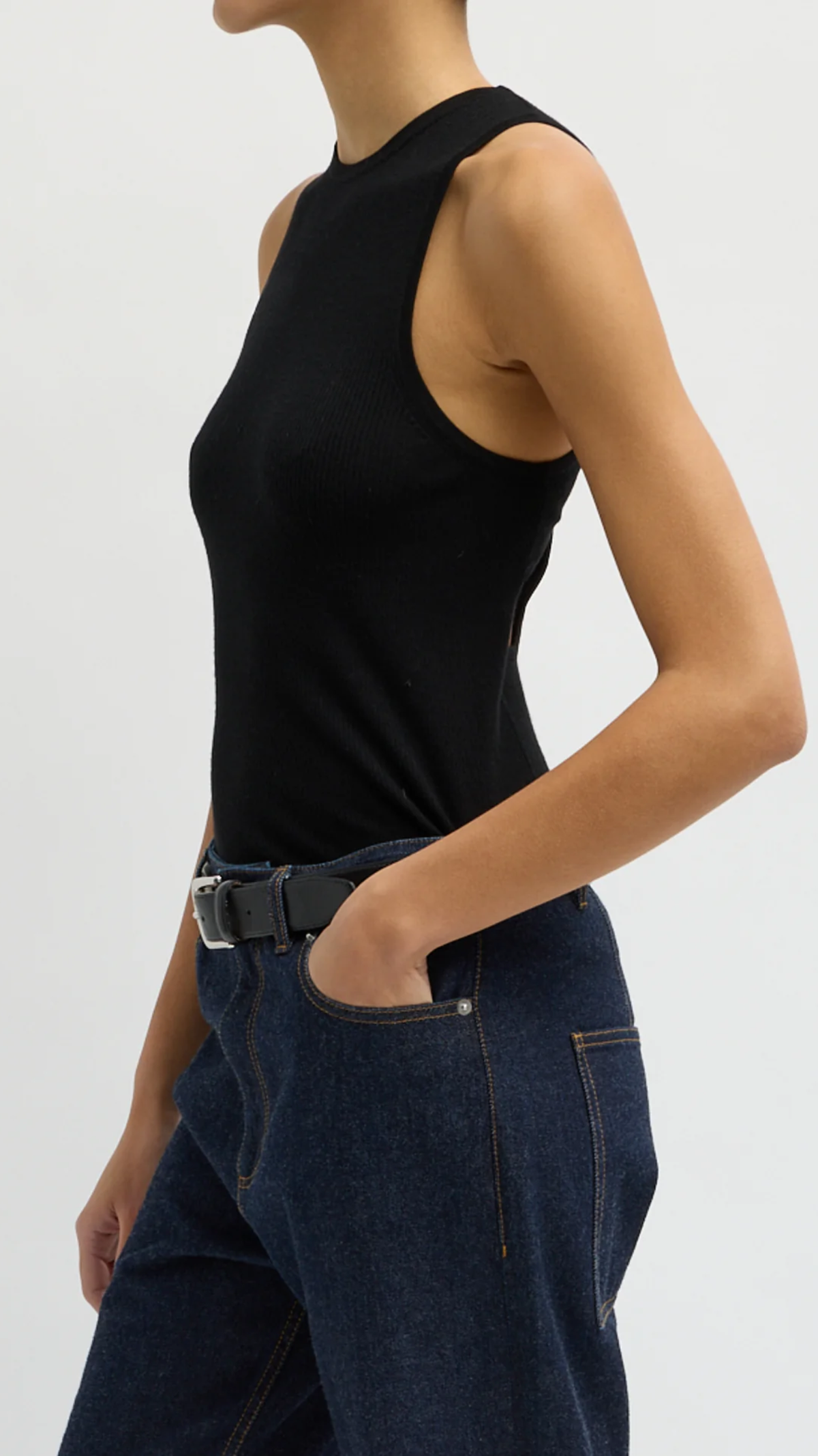 Tibi Feather Weight Ribbed Cut Out Tank Top in Black