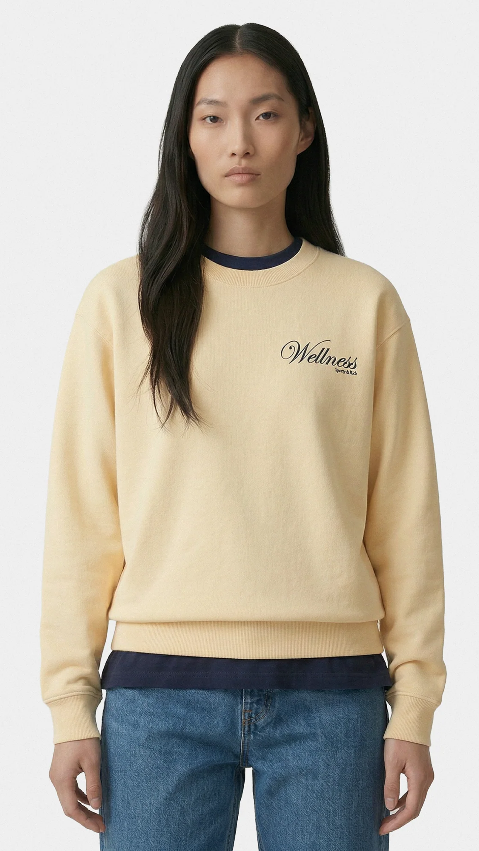 Sporty & Rich Avenue Crewneck in Almond/Navy