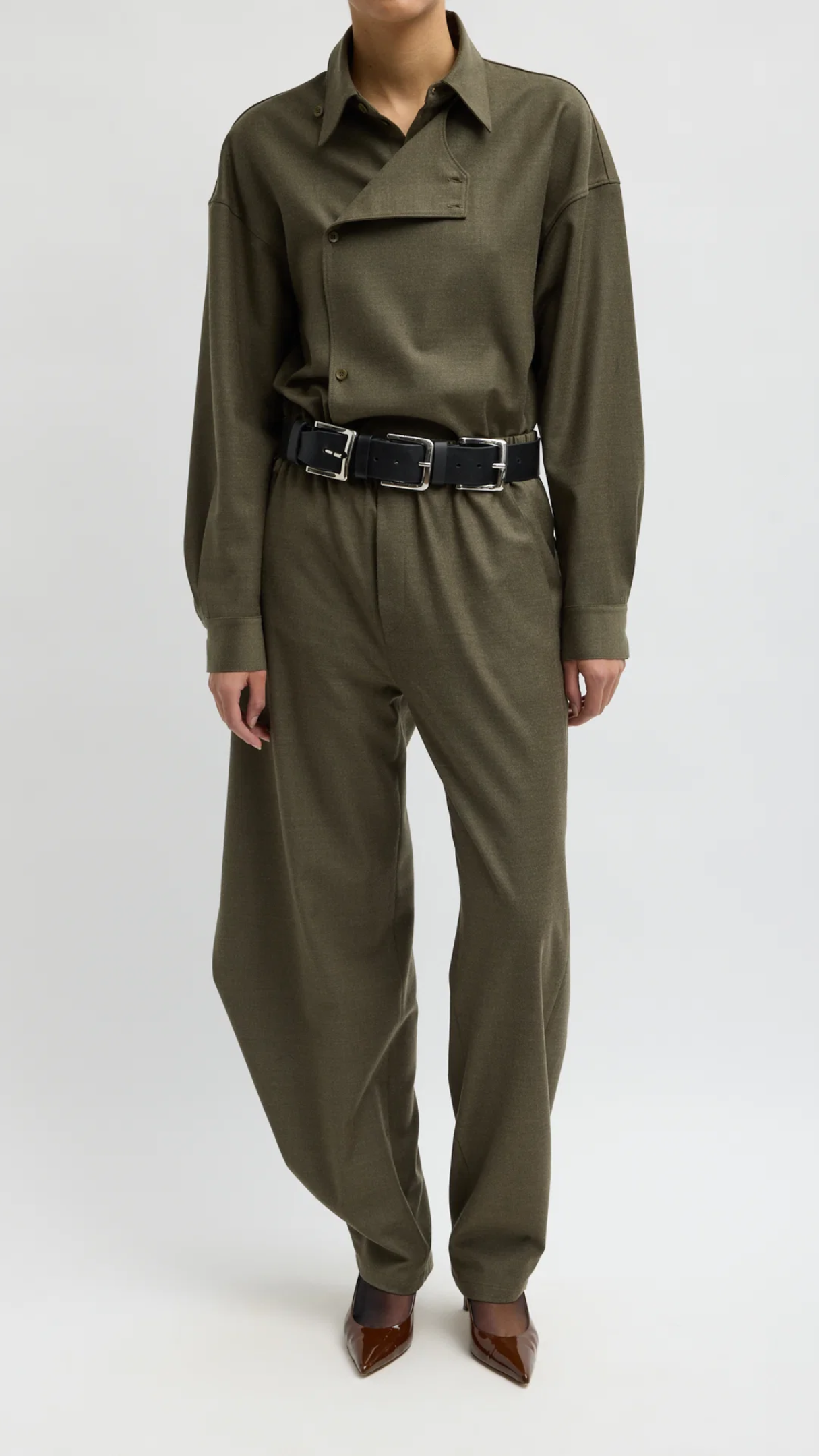 Tibi Cozy Flannel Side Drape Pant in Amry Green