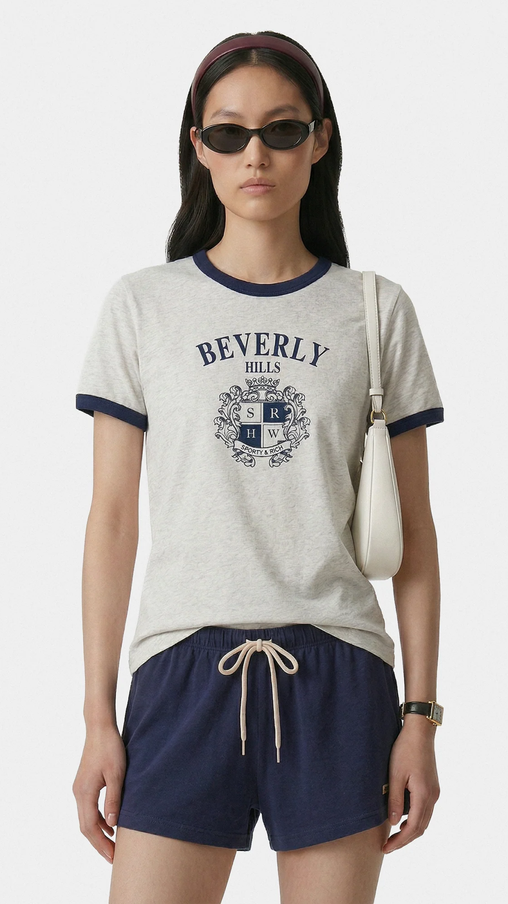 Sporty & Rich BH Crest Soft Ringer Tee in Heather Gray/Navy