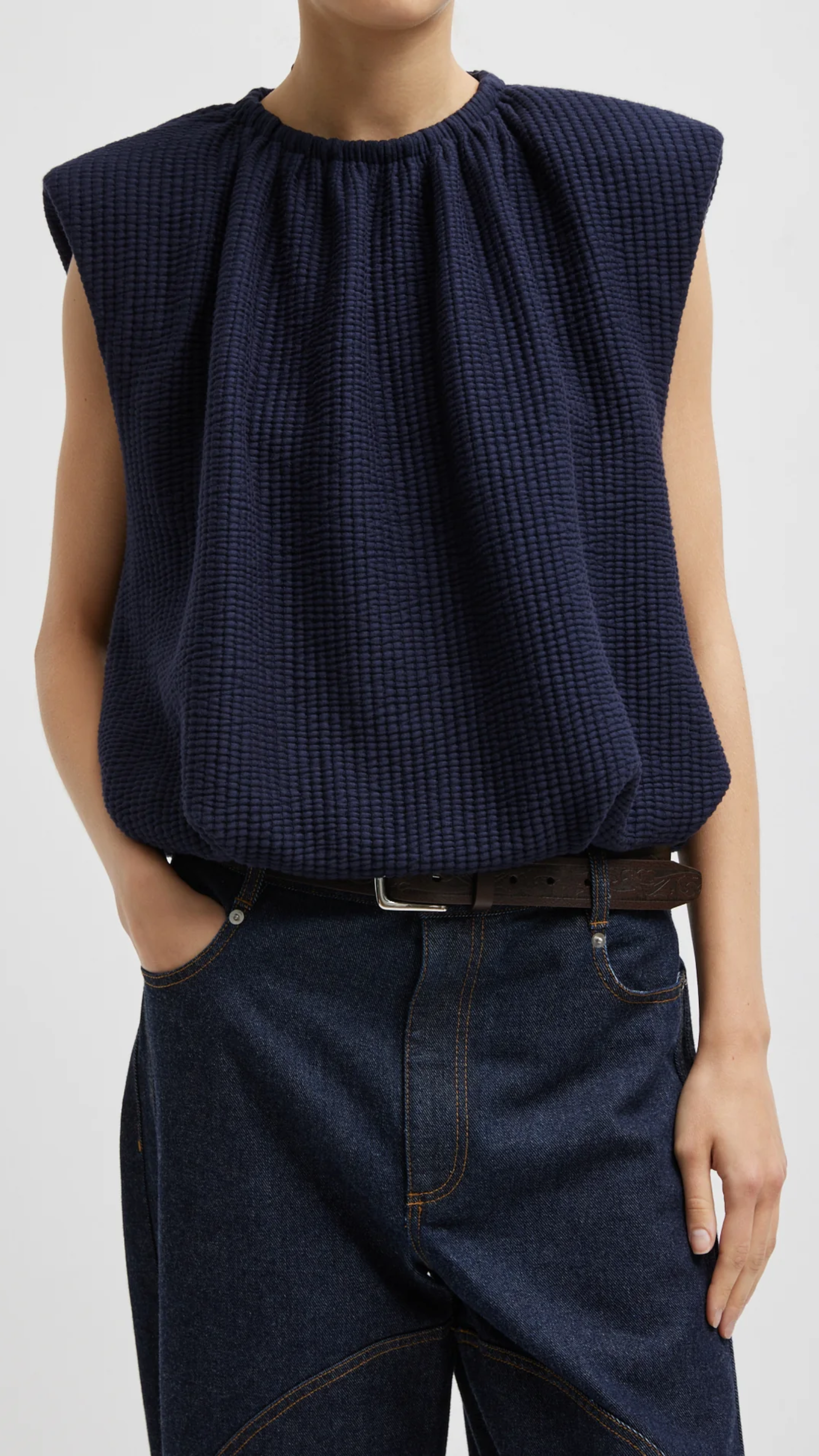 Tibi Quilted Waffle Shirred Top