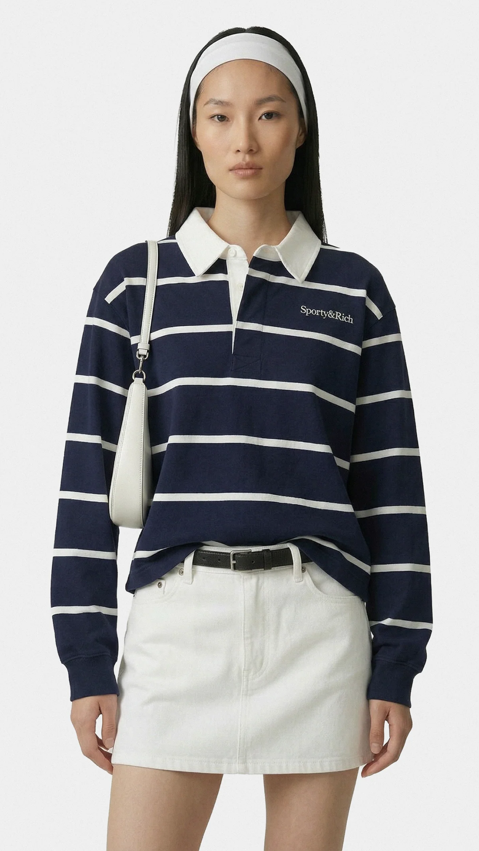 Sporty & Rich Serif Logo Rugby Polo in Navy/White