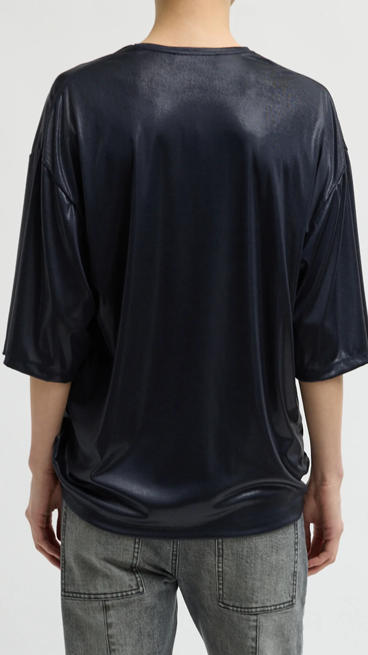 Tibi Metallic Knit Easy T-Shirt in Navy