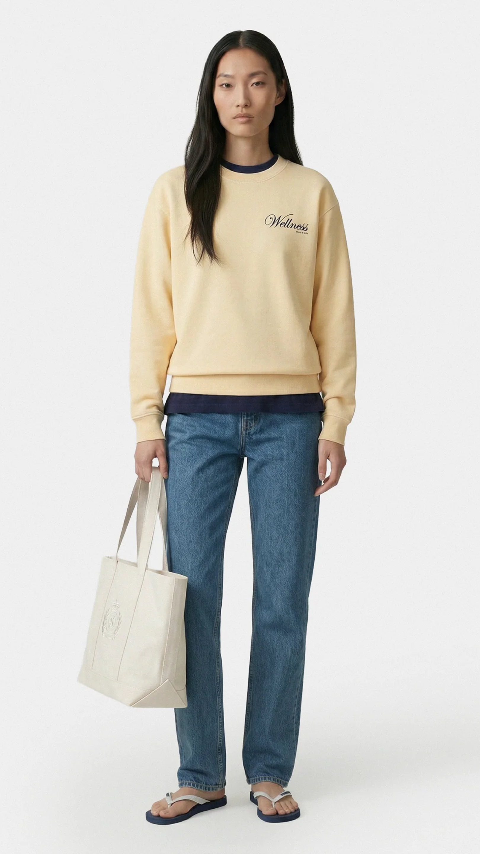 Sporty & Rich Avenue Crewneck in Almond/Navy