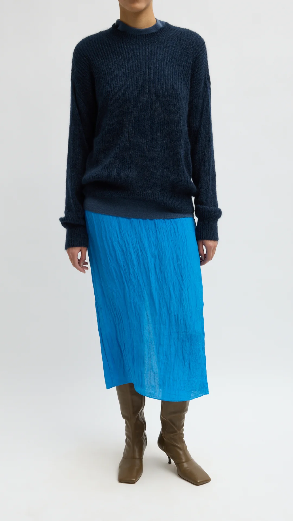 Tibi Silk Mohair Crewneck Easy Pullover in Navy