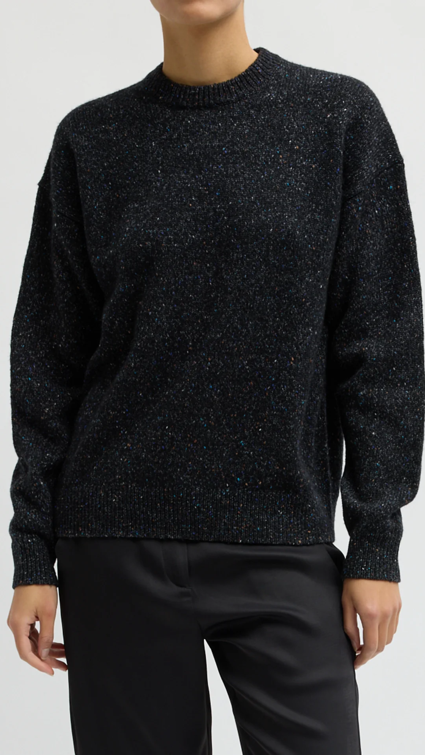 Tibi Speckled Tweed Crewneck Easy Pullover in Black Multi