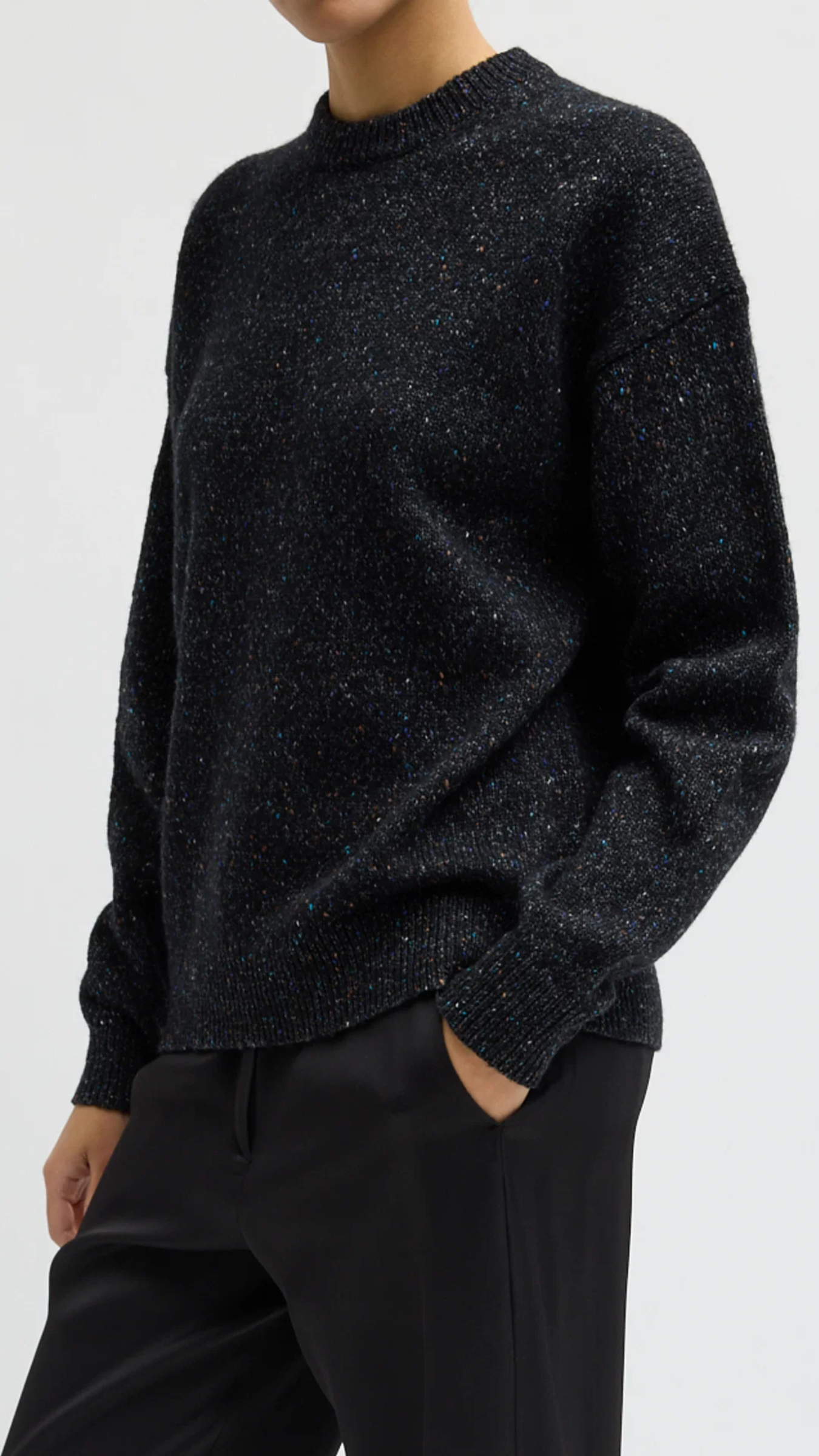 Tibi Speckled Tweed Crewneck Easy Pullover in Black Multi