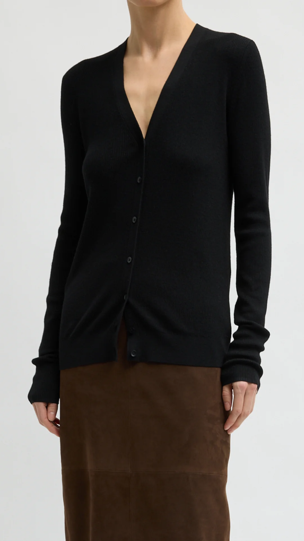 Tibi Feather Weight Ribbed V-Neck Slim Cardigan in Black