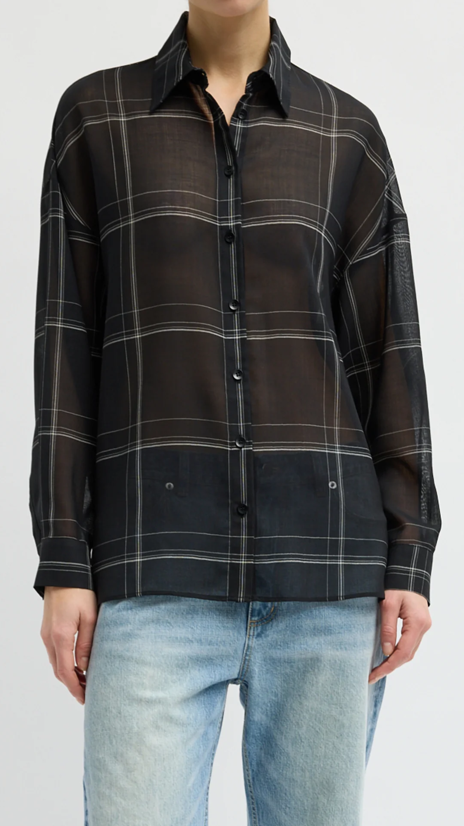 Tibi Sheer Wool Gauze Check Oversized Shirt in Black Multi