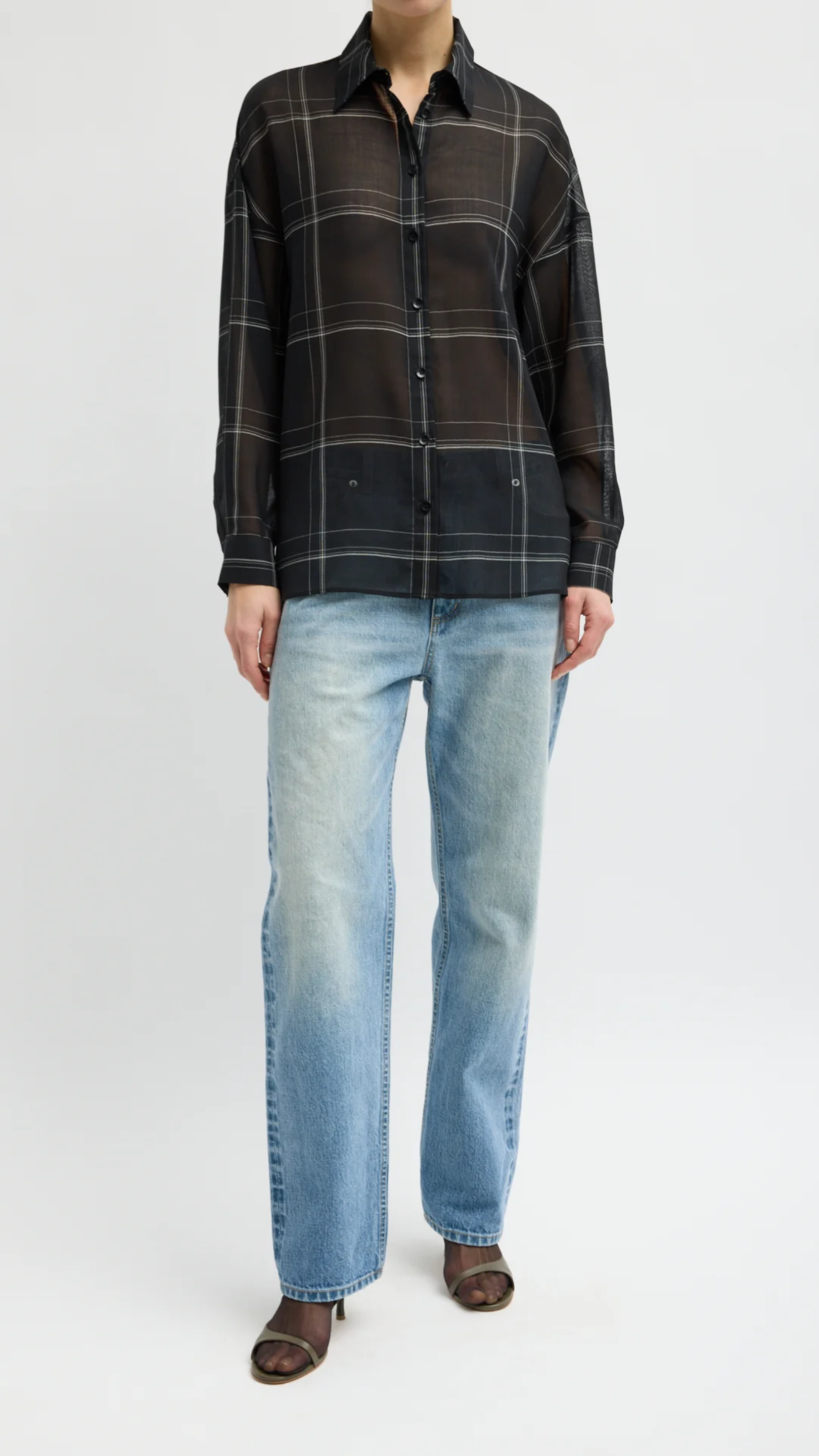 Tibi Sheer Wool Gauze Check Oversized Shirt in Black Multi