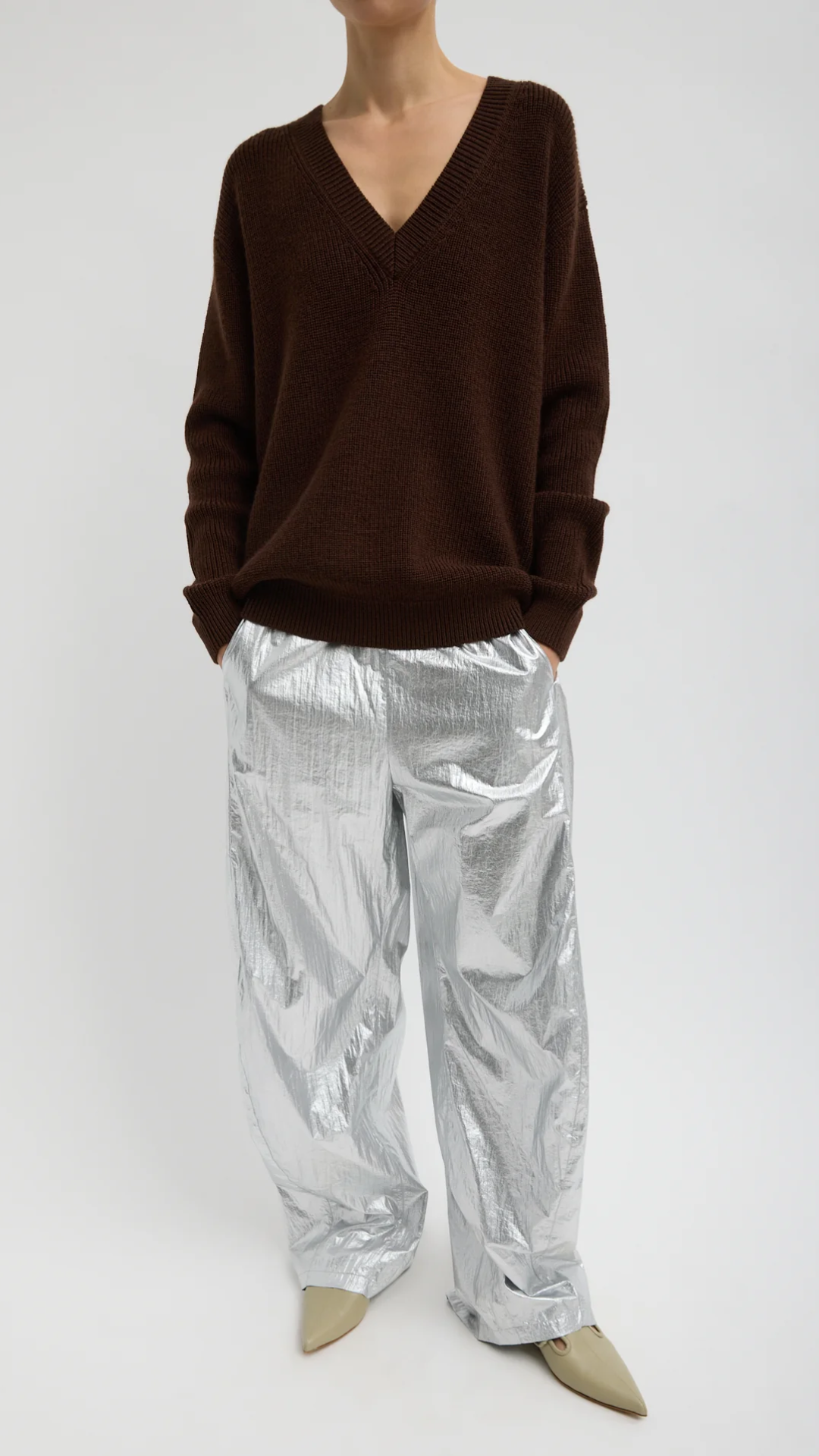 Tibi Silver Metallic Nylon Winslow Pant in Silver