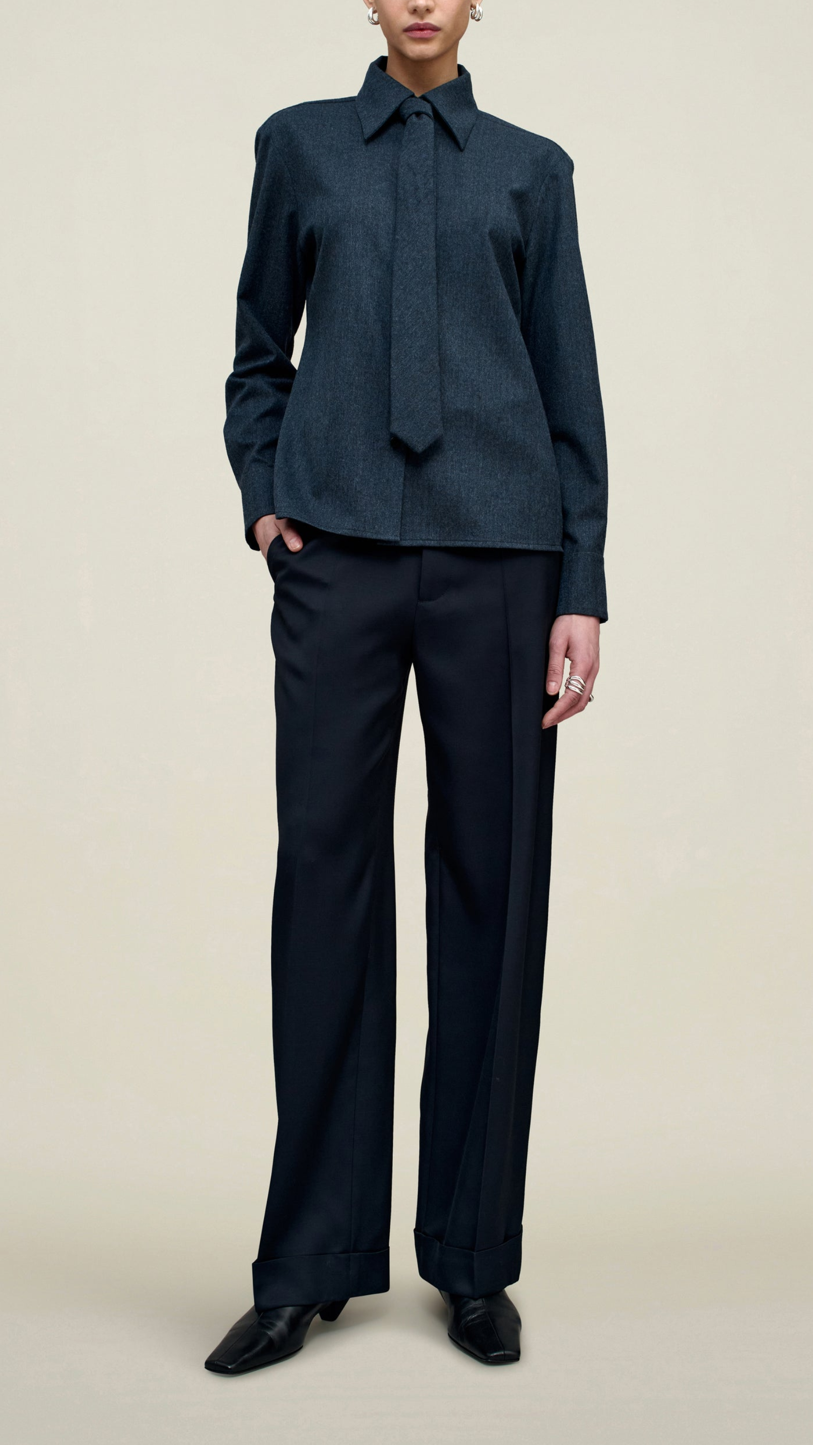 Kallmeyer Billie Flannel Suiting Tie Blouse in Heather Navy