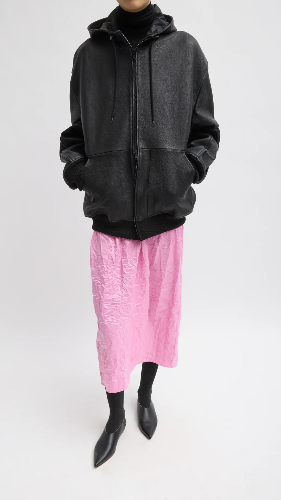 Tibi Pebbled Leather Hoodie Jacket in Black