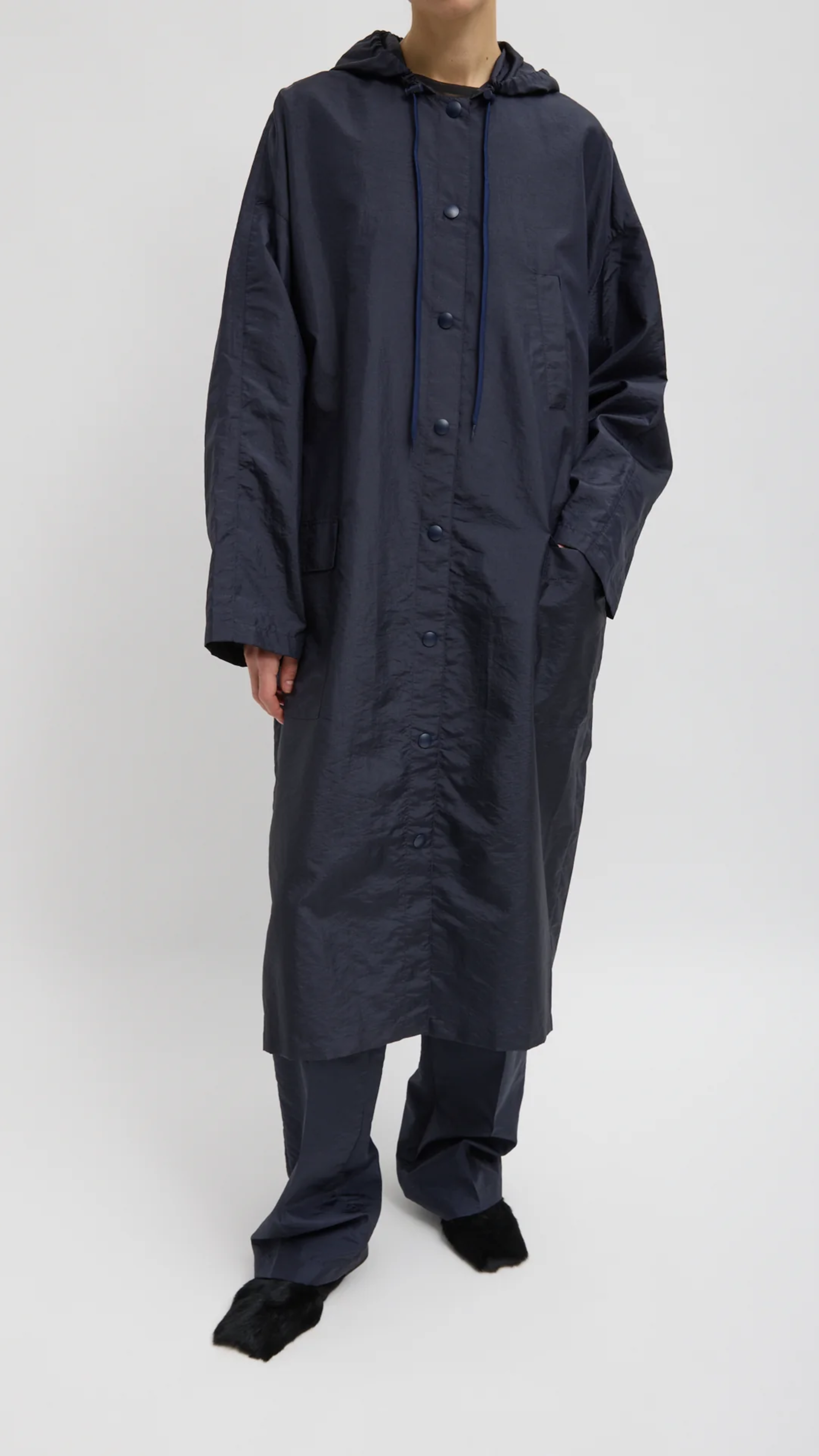 Tibi Crispy Nylon Hooded Coat in Navy