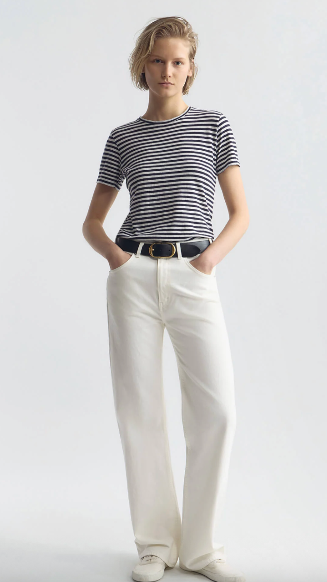 Nili Lotan Lana Crewneck Tee in White/Dark Navy