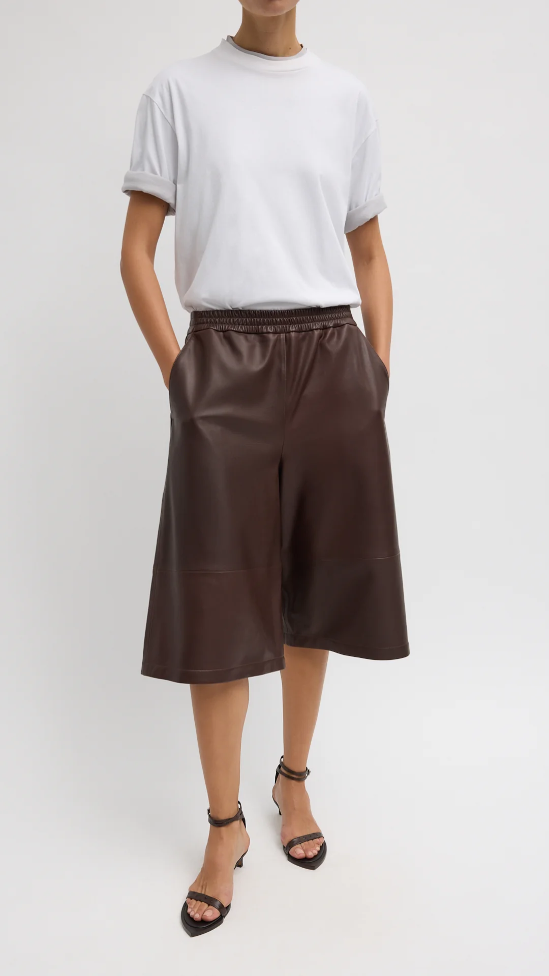 Tibi Leather Relaxed Long Short in Brown