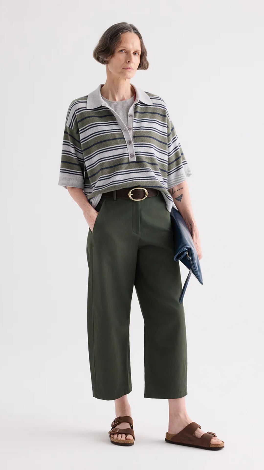 TWP Short Sleeve Polo Sweater with Stripes in Moss