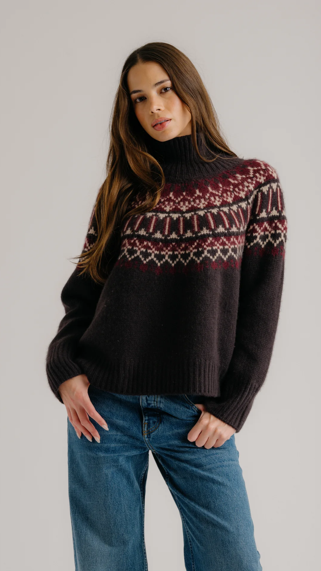 Sablyn Scottie Slouchy Fairisle Mock Neck Sweater in Oaktree