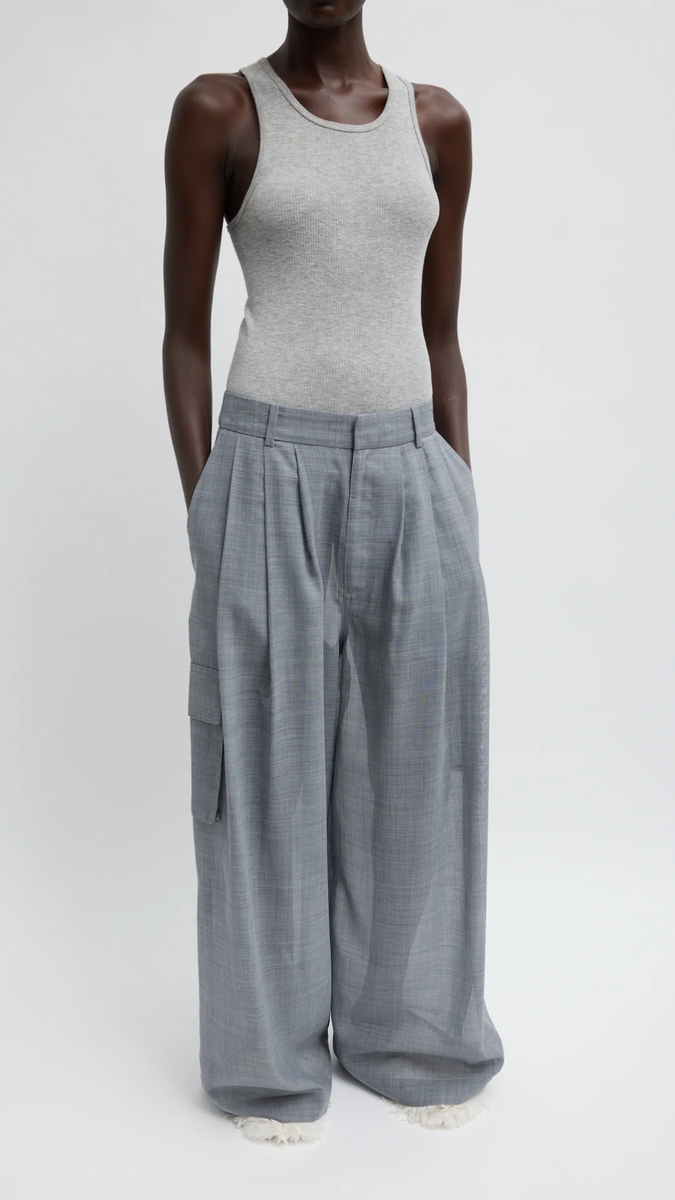 Tibi Sheer Wool Gauze Triple Pleat Pant in Heather Grey
