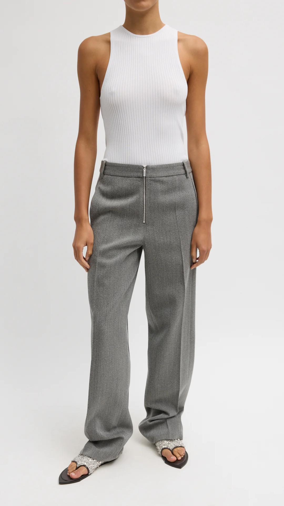 Tibi Structured Wool Zip Trouser in Grey Multi