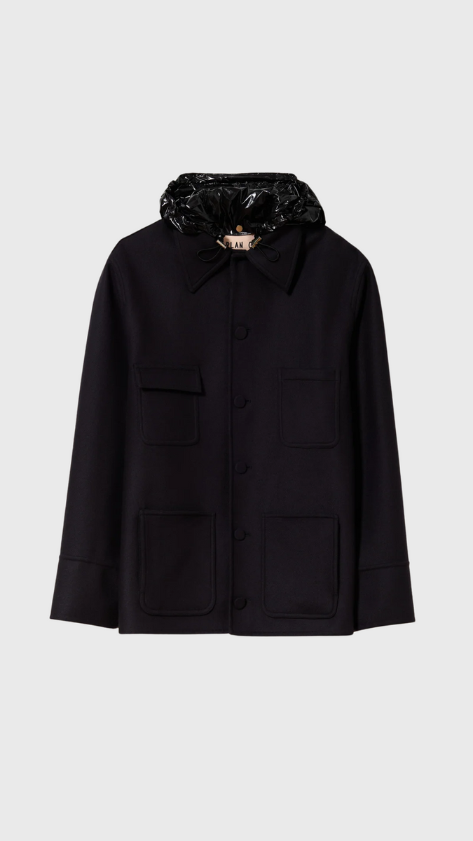 Plan C Wool Hooded Jacket in Blue Black