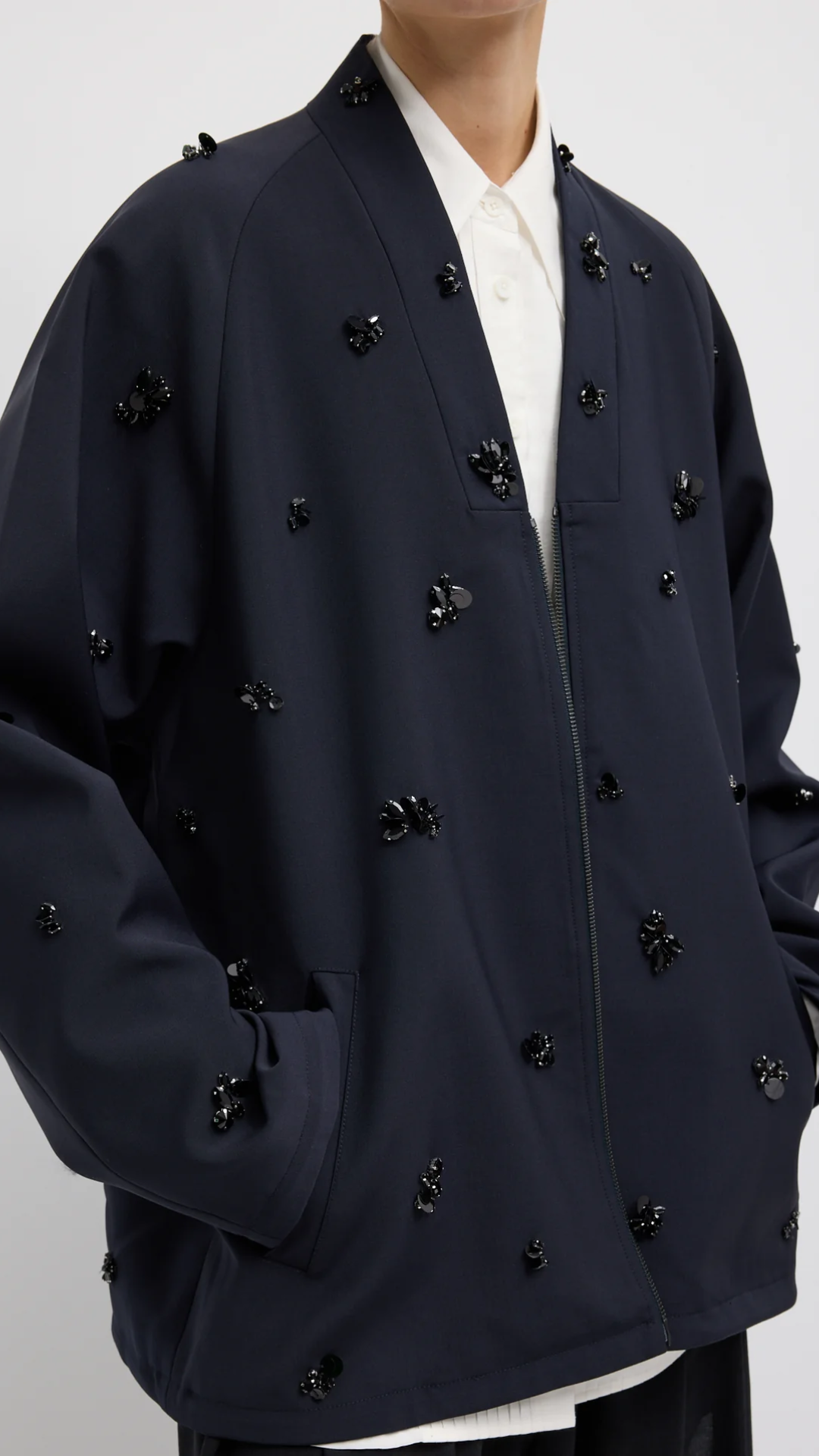 Tibi Tropical Wool Beaded Bomber in Navy