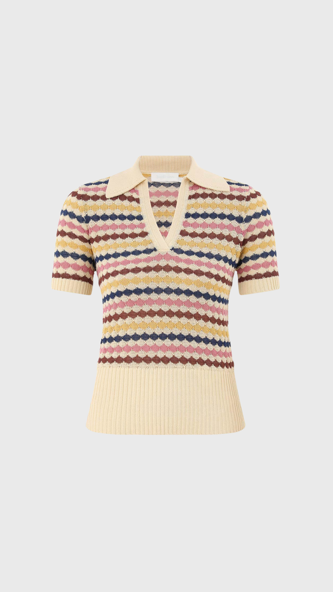 Zimmermann Awaken Scallop Knit Polo in Multi Stripe