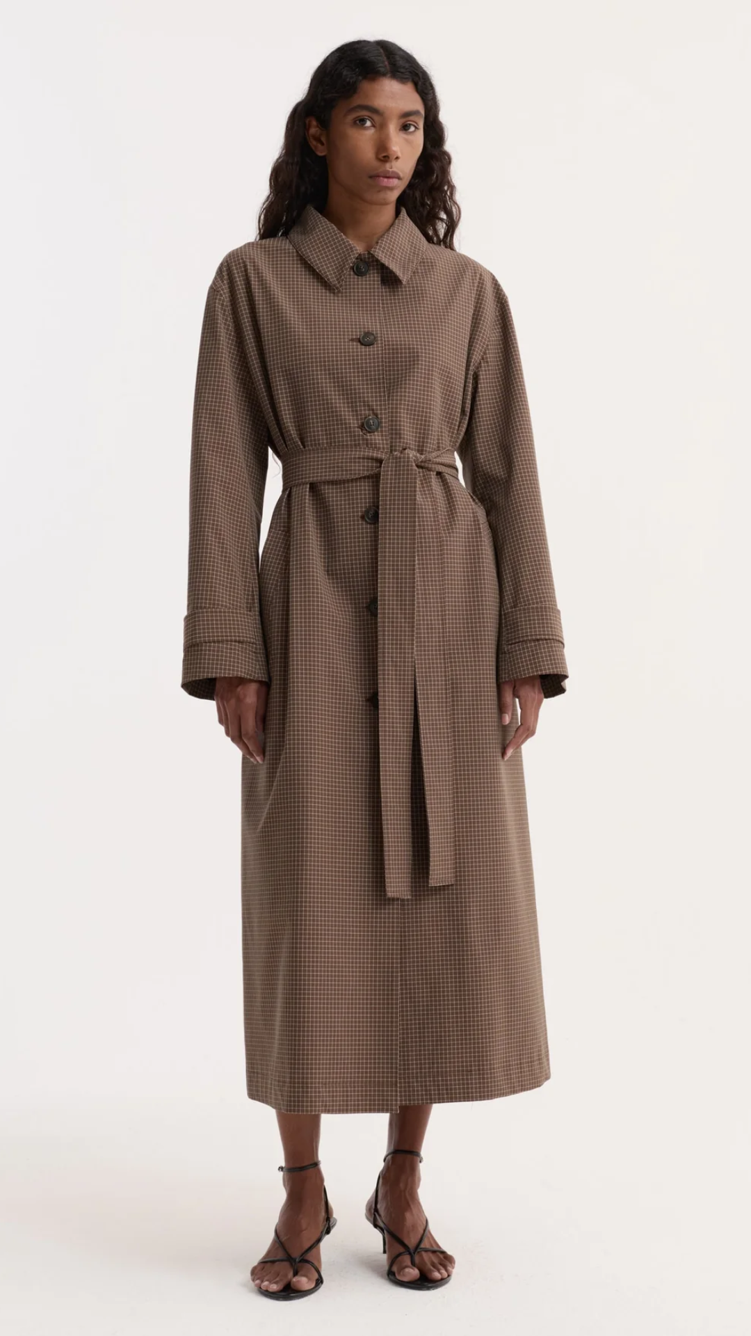 Róhe Technical Check Belted Coat in Brown Check