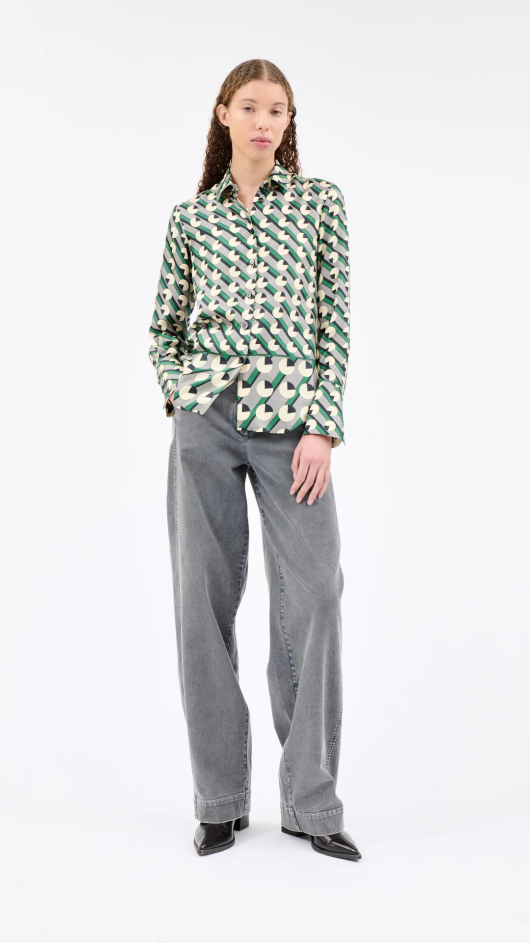 Odeeh Crescents and Lines Patterned Blouse in Dark Emerald