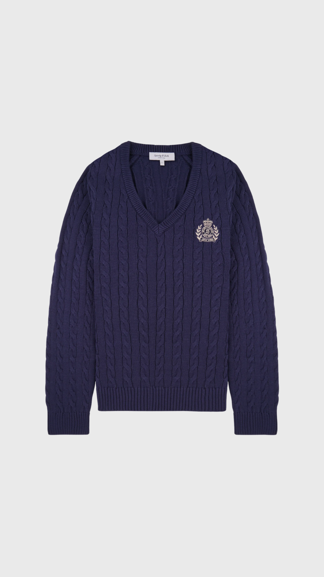 Sporty & Rich NY Crest V-Neck Cable Sweater in Light Navy/Ecru